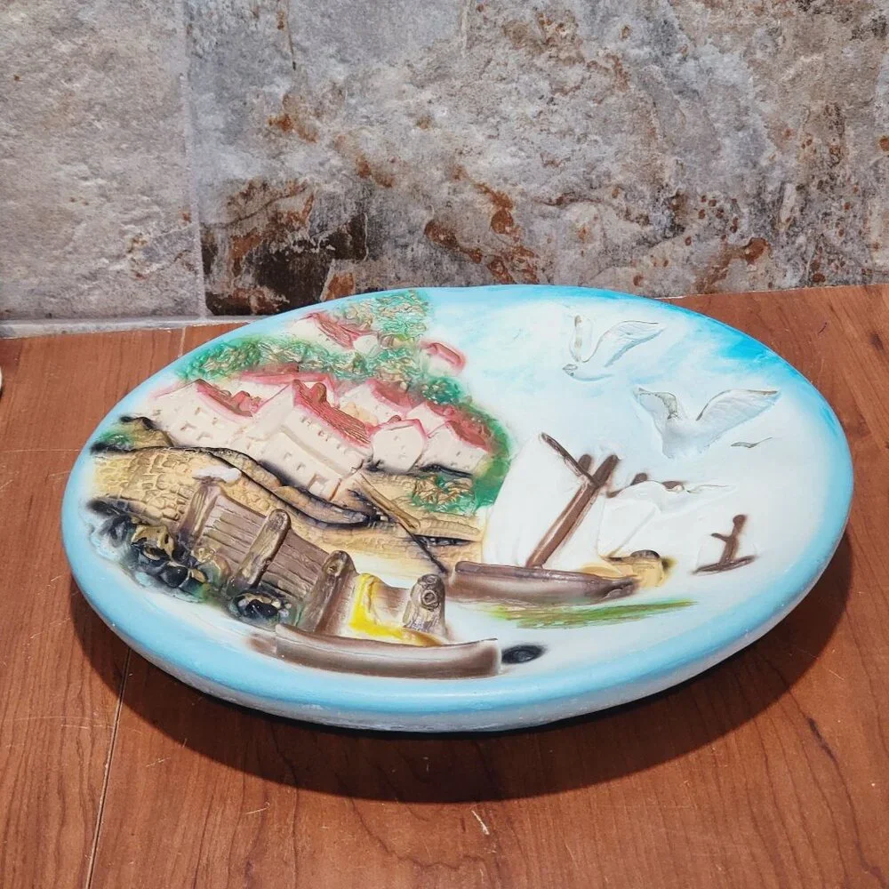 Vintage Chalkware Plaster Plaques 3D Wall Hanging Plate Seaside Seagulls Houses